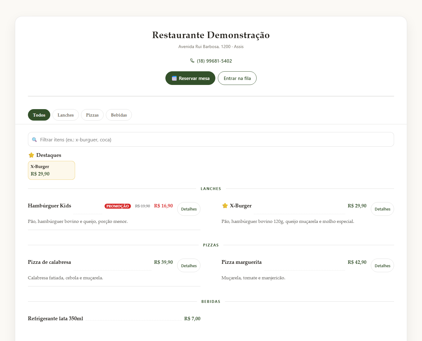 Cardápio online do Restaurante Demonstração aberto no navegador: os botões Reservar mesa e Entrar na fila no alto, a faixa Destaques com o X-Burger, e o Hambúrguer Kids em promoção de R$ 19,90 por R$ 16,90