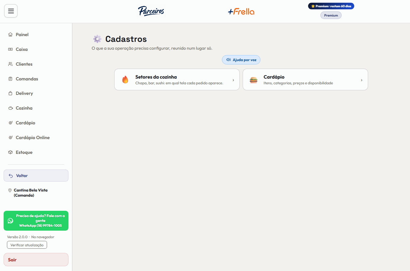 Tela Cadastros da Comanda Digital no +Frella, com dois cartões: Setores da cozinha — chapa, bar, sushi: em qual tela cada pedido aparece — e Cardápio — itens, categorias, preços e disponibilidade