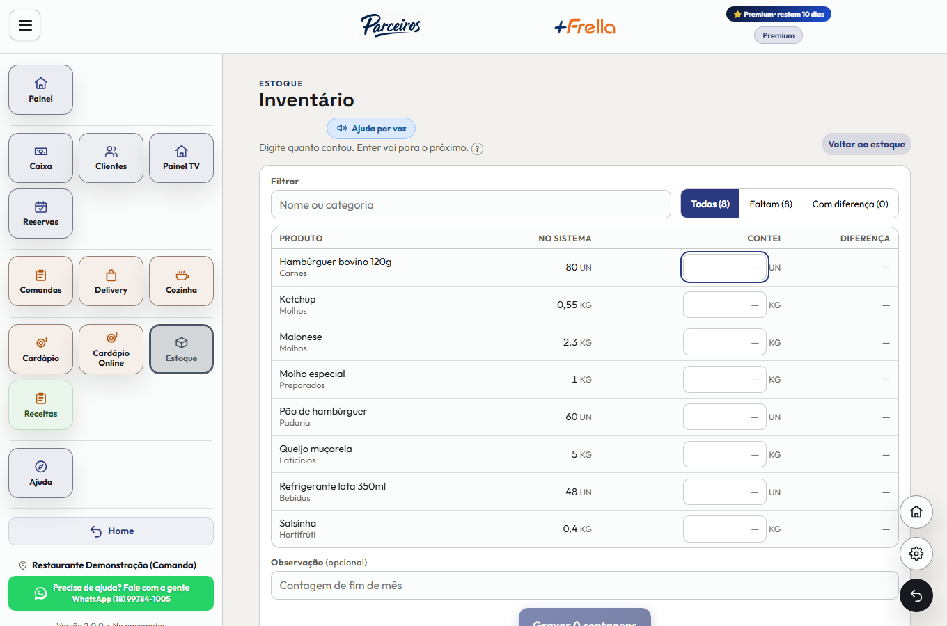 Tela Inventário do Estoque do +Frella, com a busca, os filtros Todos, Faltam e Com diferença, e a tabela com a coluna de contagem e a diferença de cada produto