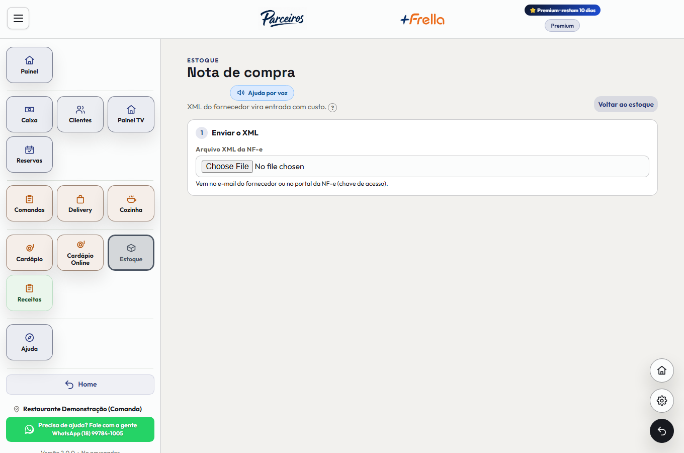 Tela Nota de compra do Estoque do +Frella, com o passo 1 Enviar o XML e a lista das notas já importadas