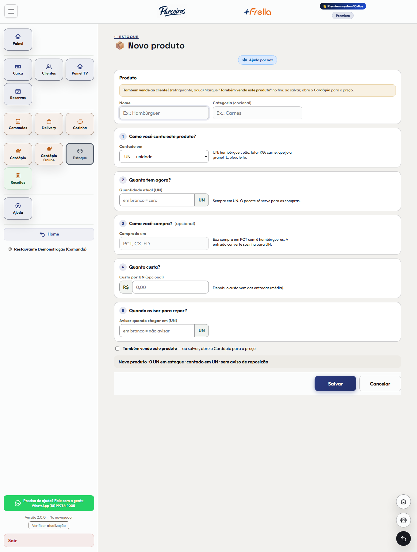 Página Novo produto do Estoque do +Frella, em passos: nome e categoria, 1 Como você conta este produto, 2 Quanto tem agora, 3 Como você compra, 4 Quanto custa, 5 Quando avisar para repor, e o resumo antes do botão Salvar