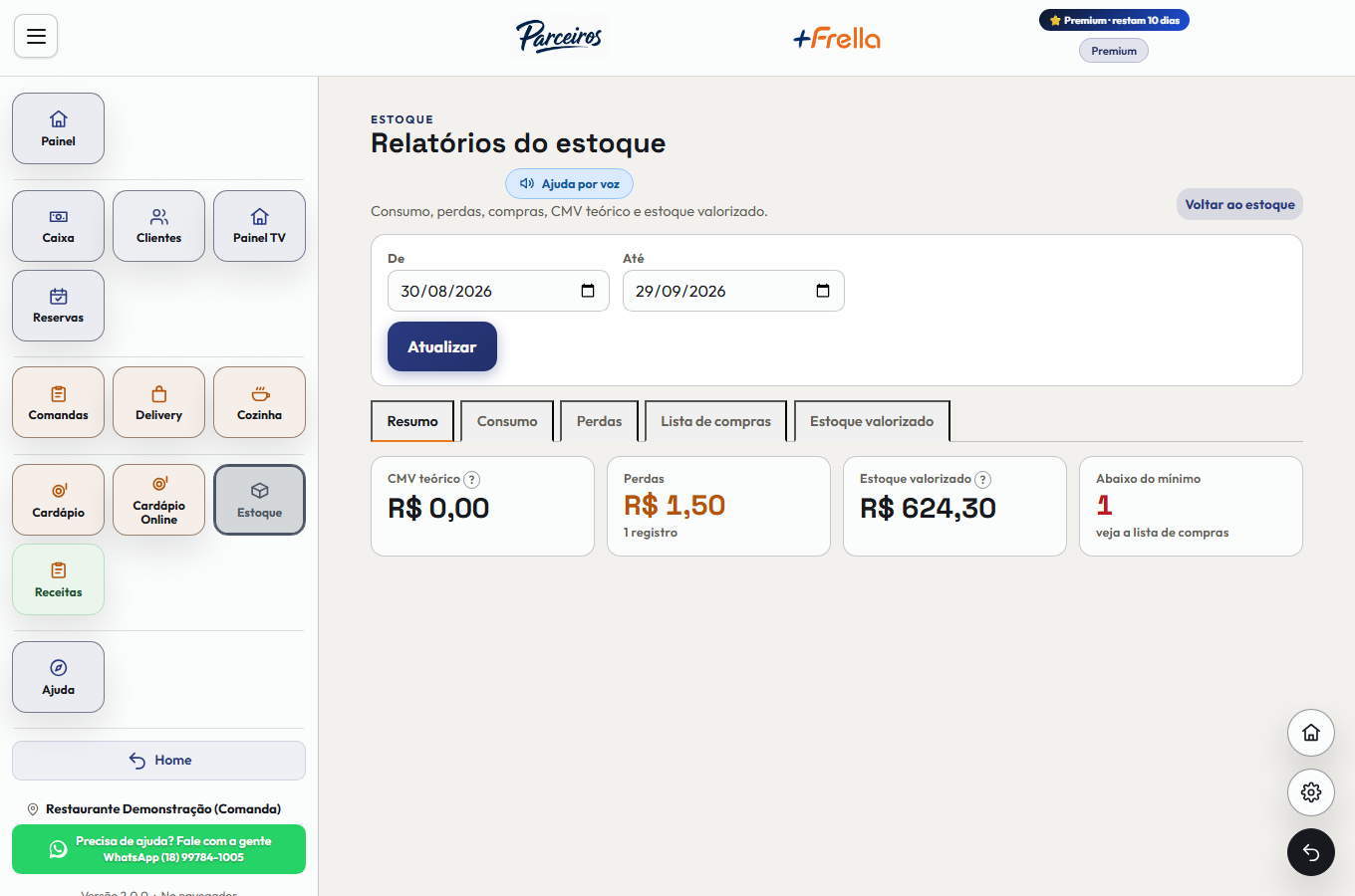 Tela Relatórios do estoque do +Frella, com o período, as abas Resumo, Consumo, Perdas, Lista de compras e Estoque valorizado, e os indicadores de CMV teórico, perdas, estoque valorizado e itens abaixo do mínimo