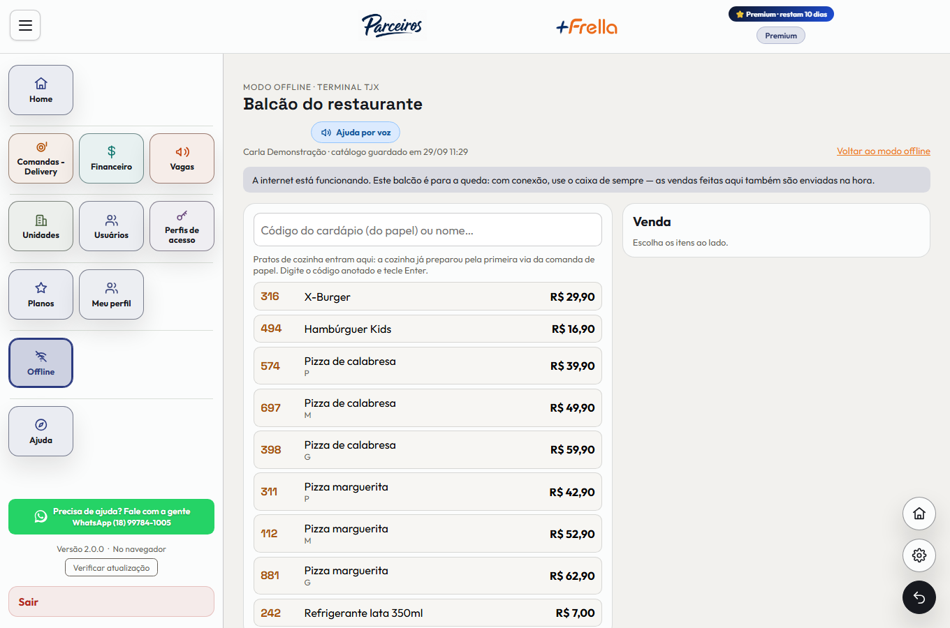 Balcão do restaurante sem internet no +Frella: a busca pelo código do item anotado no papel, a venda, o CPF na nota, a forma de pagamento e o botão Concluir venda