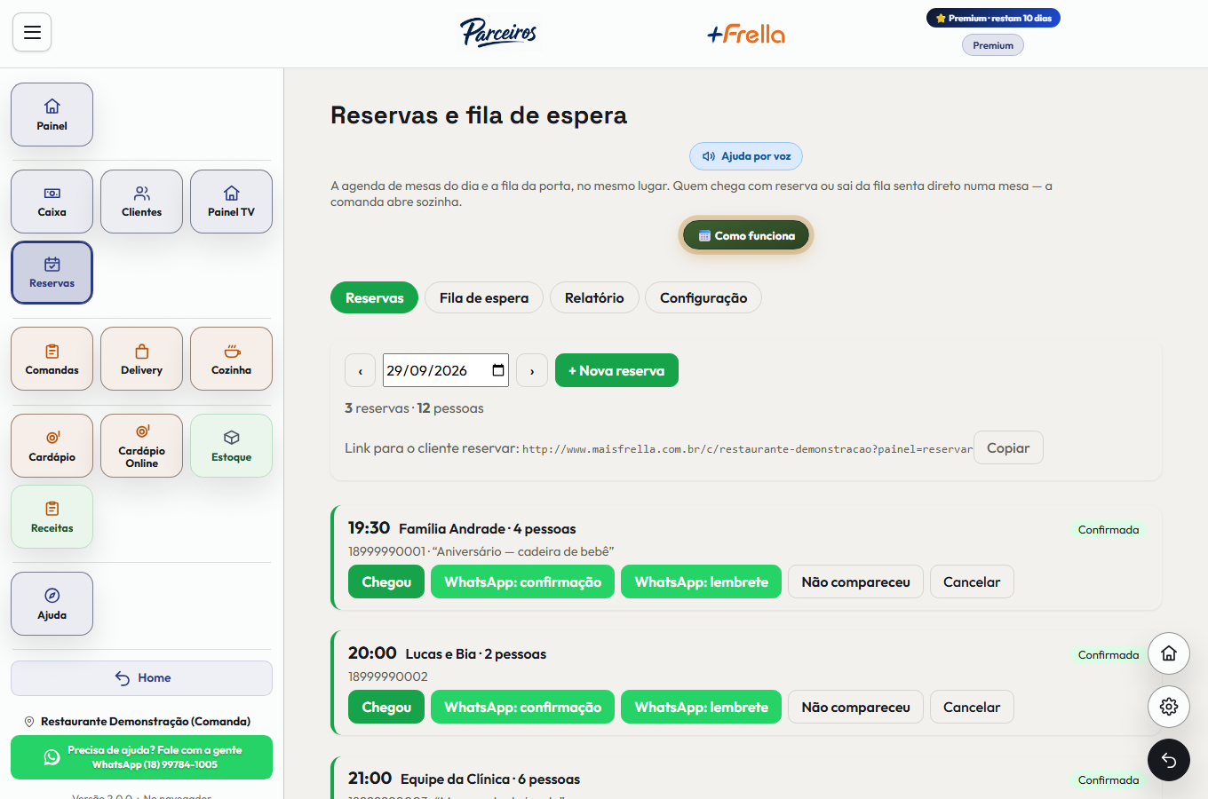 Tela Reservas e fila de espera do +Frella, com as abas Reservas, Fila, Relatório e Configuração, o dia da agenda e o botão Nova reserva