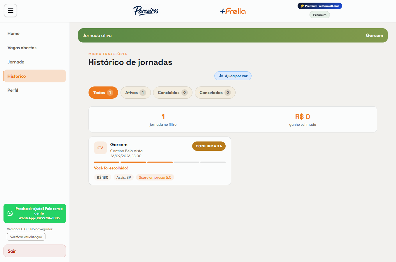 Tela Histórico de jornadas no +Frella, com os filtros Todas, Ativas, Concluídas e Canceladas, o resumo com quantas jornadas estão no filtro e o ganho estimado, e um cartão por jornada com o cargo, o estabelecimento, a data, a régua de etapas, o valor, a cidade e o score da empresa