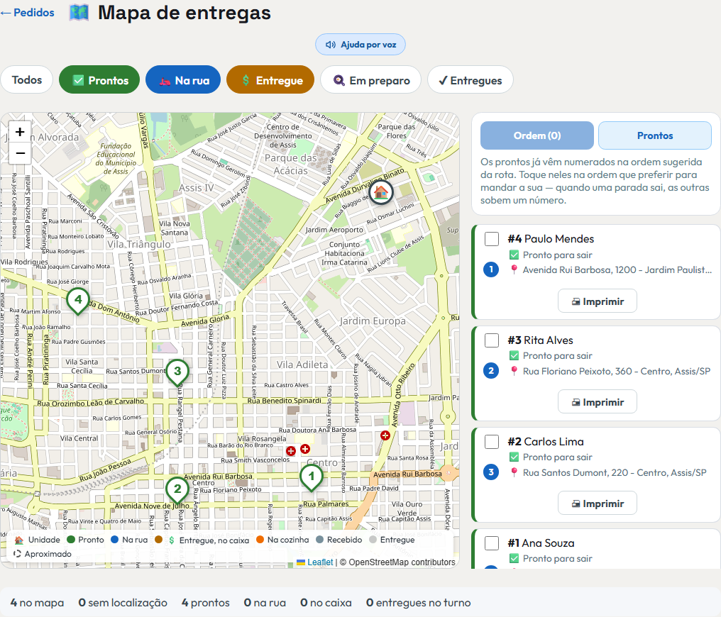 Tela Mapa de entregas do +Frella, sobre o mapa de ruas de Assis, em São Paulo: o endereço da loja no meio e as entregas prontas marcadas nas ruas ao redor, cada uma com o número da ordem sugerida — 1, 2, 3 e 4 —, e ao lado a lista dos pedidos, com o cliente, o endereço, o entregador vinculado e a situação de cada um: pronto, na rua, entregue aguardando o caixa e entregue